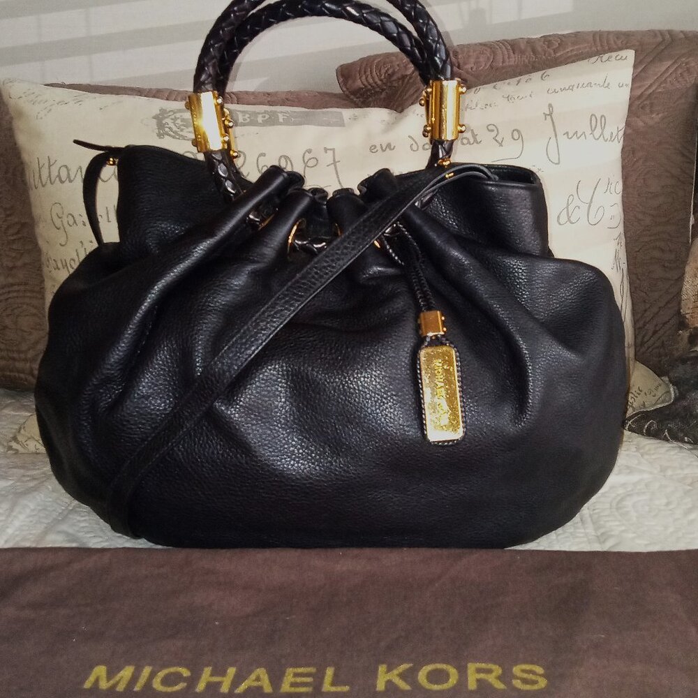 Michael Kors Skorpios Black Leather Ring Satchel with Gold Accents